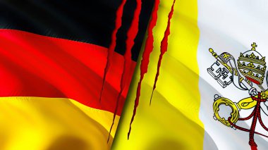 Yara izi olan Almanya ve Vatikan bayrakları. Dalgalanan bayrak, 3 boyutlu görüntüleme. Almanya ve Vatikan çatışma konsepti. Almanya Vatikan ilişkileri kavramı. Almanya bayrağı ve Vatikan krizi, savaş, saldırı konsepti