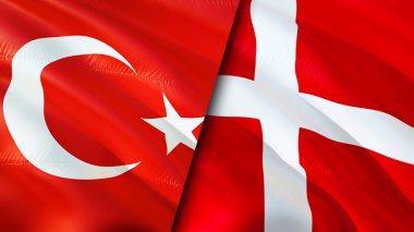 Türkiye ve Danimarka bayrakları. 3 boyutlu dalgalanan bayrak tasarımı. Türkiye Danimarka bayrağı, resmi, duvar kağıdı. Türkiye, Danimarka 'ya karşı, görüntü 3D. Türkiye Danimarka ile ilişkiler ittifak ve ticaret, seyahat ve turizm kavramları