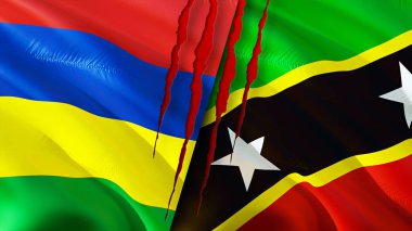 Mauritius, Saint Kitts ve yara izi olan Nevis bayrakları. Dalgalanan bayrak, 3 boyutlu görüntüleme. Mauritius, Saint Kitts ve Nevis çatışma konsepti. Mauritius Saint Kitts ve Nevis ilişkileri kavramı. fla