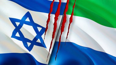 İsrail ve Sierra Leone yara izi olan bayraklar. Dalgalanan bayrak, 3 boyutlu görüntüleme. İsrail ve Sierra Leone çatışma konsepti. İsrail Sierra Leone ilişkileri kavramı. İsrail bayrağı ve Sierra Leon