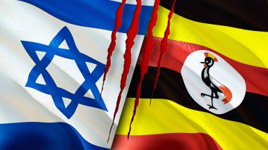 Yara izi olan İsrail ve Uganda bayrakları. Dalgalanan bayrak, 3 boyutlu görüntüleme. İsrail ve Uganda çatışma konsepti. İsrail Uganda ilişkileri kavramı. İsrail bayrağı ve Uganda krizi, savaş, saldırı konsepti
