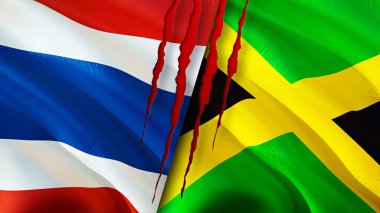 Yara izi olan Tayland ve Jamaika bayrakları. Dalgalanan bayrak, 3 boyutlu görüntüleme. Tayland ve Jamaika çatışma konsepti. Tayland ve Jamaika ilişkileri kavramı. Tayland ve Jamaika bayrağı krizi, savaş, attac