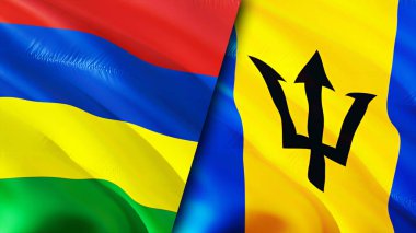Mauritius ve Barbados bayrakları. 3 boyutlu dalgalanan bayrak tasarımı. Mauritius Barbados bayrağı, resim, duvar kağıdı. Mauritius Barbados 'a karşı, görüntü 3 boyutlu. Mauritius Barbados İlişkiler Birliği