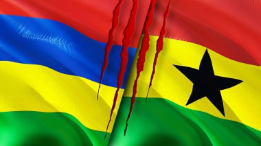 Mauritius ve Gana yara izi olan bayraklar. Dalgalanan bayrak, 3 boyutlu görüntüleme. Mauritius ve Gana çatışma konsepti. Mauritius Gana ilişkileri kavramı. Mauritius bayrağı ve Gana krizi, savaş, saldırı konsepti