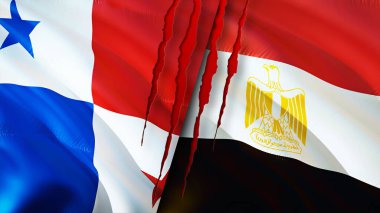 Panama ve Mısır bayraklarında yara izi var. Dalgalanan bayrak, 3 boyutlu görüntüleme. Panama ve Mısır çatışma konsepti. Panama Mısır ilişkileri kavramı. Panama bayrağı ve Mısır krizi, savaş, saldırı konsepti