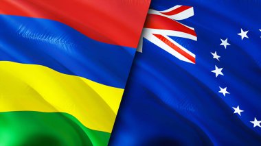 Mauritius ve Cook Adaları bayrakları. 3 boyutlu dalgalanan bayrak tasarımı. Mauritius Cook Adaları bayrağı, resim, duvar kağıdı. Mauritius, Cook Adaları 'na karşı. Görüntü 3 boyutlu. Mauritius Cook Adaları İlişkiler Birliği