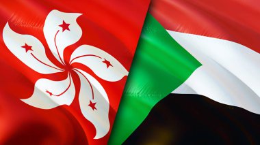 Hong Kong ve Sudan bayrakları. 3 boyutlu dalgalanan bayrak tasarımı. Hong Kong Sudan bayrağı, resim, duvar kağıdı. Hong Kong Sudan 'a karşı, görüntü 3 boyutlu. Hong Kong Sudan ilişkileri ittifak ve ticaret, seyahat, turizm konsepti