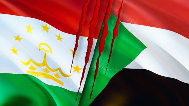 Tacikistan ve Sudan bayrakları ve yara izi konsepti. Dalgalanan bayrak, 3 boyutlu görüntüleme. Tacikistan ve Sudan çatışma konsepti. Tacikistan Sudan ilişkileri kavramı. Tacikistan bayrağı ve Sudan krizi, savaş, attac