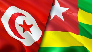 Tunus ve Togo bayrakları. 3 boyutlu dalgalanan bayrak tasarımı. Tunus Togo bayrağı, resim, duvar kağıdı. Tunus, Togo imajına karşı, 3D görüntüleme. Tunus Togo ilişkileri ittifak ve ticaret, seyahat, turizm konsepti
