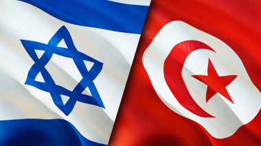 İsrail ve Tunus bayrakları. 3 boyutlu dalgalanan bayrak tasarımı. İsrail Tunus bayrağı, resim, duvar kağıdı. İsrail Tunus 'a karşı, görüntü 3 boyutlu. İsrail Tunus ilişkileri ittifak ve ticaret, seyahat, turizm konsepti