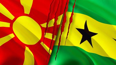 Kuzey Makedonya ve Sao Tome ve Principe bayrakları yara izi kavramına sahipler. Dalgalanan bayrak, 3 boyutlu görüntüleme. Kuzey Makedonya ve Sao Tome ve Principe çatışma konsepti. Kuzey Makedonya Sao Tome ve Princip