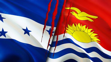 Yara izi olan Honduras ve Kiribati bayrakları. 3D bayrak sallama. Honduras ve Kiribati çatışma konsepti. Honduras Kiribati ilişkileri kavramı. Honduras bayrağı ve Kiribati krizi, savaş, attac