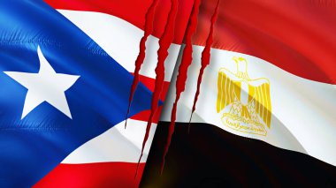 Porto Riko ve Mısır bayraklarında yara izi var. Dalgalanan bayrak, 3 boyutlu görüntüleme. Porto Riko ve Mısır çatışma konsepti. Porto Riko Mısır ilişkileri kavramı. Porto Riko bayrağı ve Mısır krizi, savaş, attac