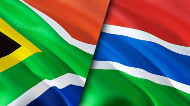 Güney Afrika ve Gambiya bayrakları. 3 boyutlu dalgalanan bayrak tasarımı. Güney Afrika Gambiya bayrağı, resim, duvar kağıdı. Güney Afrika Gambiya 'ya karşı, görüntü 3 boyutlu. Güney Afrika Gambiya ilişkileri