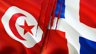 Tunus ve Dominik Cumhuriyeti bayraklarında yara izi var. Dalgalanan bayrak, 3 boyutlu görüntüleme. Tunus ve Dominik Cumhuriyeti çatışma konsepti. Tunus Dominik Cumhuriyeti ilişkileri kavramı. Tunus bayrağı