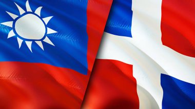 Tayvan ve Dominik Cumhuriyeti bayrakları. 3 boyutlu dalgalanan bayrak tasarımı. Tayvan Dominik Cumhuriyeti bayrağı, resim, duvar kağıdı. Tayvan, Dominik Cumhuriyeti imajına karşı, 3 boyutlu canlandırma. Tayvan Dominik Cumhuriyeti ilişkisi