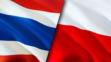 Tayland ve Polonya bayrakları. 3 boyutlu dalgalanan bayrak tasarımı. Tayland ve Polonya bayrağı, resim, duvar kağıdı. Tayland, Polonya 'ya karşı. Görüntü 3 boyutlu. Tayland Polonya ilişkileri ittifak ve ticaret, seyahat, turizm konsepti
