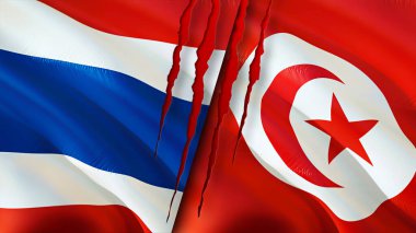 Yara izi olan Tayland ve Tunus bayrakları. Dalgalanan bayrak, 3 boyutlu görüntüleme. Tayland ve Tunus çatışması konsepti. Tayland Tunus ilişkileri kavramı. Tayland bayrağı ve Tunus krizi, savaş, attac