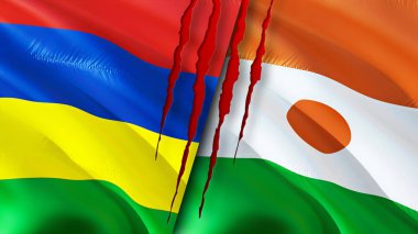 Yara izi olan Mauritius ve Nijer bayrakları. Dalgalanan bayrak, 3 boyutlu görüntüleme. Mauritius ve Nijer çatışması konsepti. Mauritius Nijer ilişkileri kavramı. Mauritius ve Nijer bayrağı krizi, savaş, saldırı konsepti