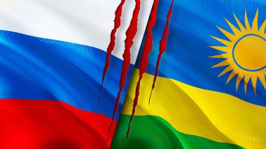 Rusya ve Ruanda yara izi olan bayraklar. Dalgalanan bayrak, 3 boyutlu görüntüleme. Rusya ve Ruanda çatışma konsepti. Rusya Ruanda ilişkileri kavramı. Rusya ve Ruanda bayrağı krizi, savaş, saldırı konsepti