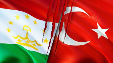 Tacikistan ve Hindi bayraklarında yara izi var. Dalgalanan bayrak, 3 boyutlu görüntüleme. Tacikistan ve Türkiye çatışması konsepti. Tacikistan Türkiye ilişkileri kavramı. Tacikistan bayrağı ve Türkiye krizi, savaş, attac