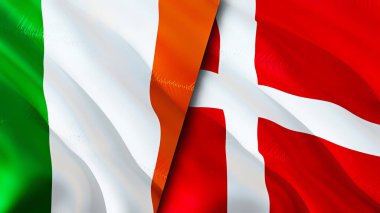 İrlanda ve Danimarka bayrakları. 3 boyutlu dalgalanan bayrak tasarımı. İrlanda bayrağı, resim, duvar kağıdı. İrlanda, Danimarka imajına karşı, 3D görüntüleme. İrlanda ilişkileri savaş ittifakı kavramı. Ticaret, turizm konsepti.