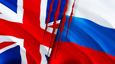 Birleşik Krallık ve Rusya yara izi kavramına sahip. Dalgalanan bayrak, 3 boyutlu görüntüleme. Birleşik Krallık ve Rusya çatışma konsepti. Birleşik Krallık Rusya ilişkileri kavramı. Birleşik Krallık ve Russi bayrağı