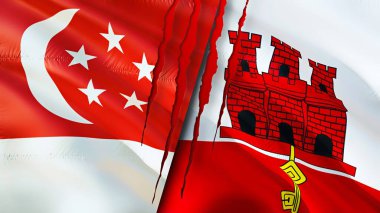 Singapur ve Cebelitarık bayrakları ve yara izi konsepti. Dalgalanan bayrak, 3 boyutlu görüntüleme. Singapur ve Cebelitarık çatışma konsepti. Singapur Cebelitarık ilişkileri kavramı. Singapur ve Gibralta bayrağı