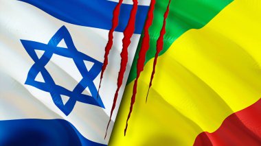 Yara izi olan İsrail ve Kongo bayrakları. Dalgalanan bayrak, 3 boyutlu görüntüleme. İsrail ve Kongo çatışma konsepti. İsrail Kongo ilişkileri kavramı. İsrail ve Kongo bayrağı krizi, savaş, saldırı konsepti