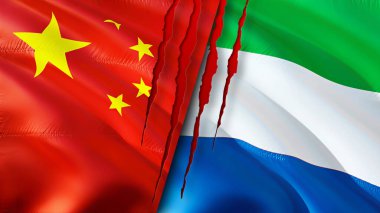 Yara izi olan Çin ve Sierra Leone bayrakları. Dalgalanan bayrak, 3 boyutlu görüntüleme. Çin ve Sierra Leone çatışma konsepti. Çin Sierra Leone ilişkileri kavramı. Çin bayrağı ve Sierra Leone krizi, savaş