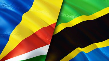 Seyşeller ve Tanzanya bayrakları. 3 boyutlu dalgalanan bayrak tasarımı. Seyşeller Tanzanya bayrağı, resim, duvar kağıdı. Seyşeller, Tanzanya 'ya karşı, görüntü 3 boyutlu. Seyşeller Tanzanya ilişkileri