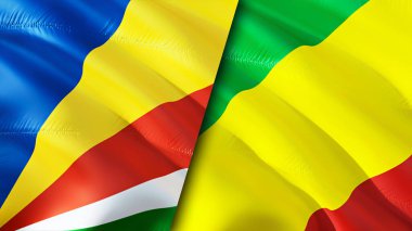 Seyşeller ve Kongo bayrakları. 3 boyutlu dalgalanan bayrak tasarımı. Seyşeller Kongo bayrağı, resim, duvar kağıdı. Seyşeller, Kongo 'ya Karşı. Görüntü 3 boyutlu. Seyşeller Kongo ilişkileri ittifak ve ticaret, seyahat, turnuva