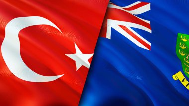 Türkiye ve İngiliz Virjin Adaları bayrakları. 3 boyutlu dalgalanan bayrak tasarımı. İngiliz Virjin Adaları bayrağı, resmi, duvar kağıdı. Türkiye, British Virgin Adaları 'na karşı, görüntü 3D. Türkiye İngiliz Virgi