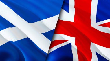 İskoçya ve Birleşik Krallık bayrakları. 3 boyutlu dalgalanan bayrak tasarımı. İskoçya Birleşik Krallık bayrağı, resim, duvar kağıdı. İskoçya, Birleşik Krallık imajına karşı, 3D görüntüleme. İskoçya Birleşik Krallık ilişkileri ittifak