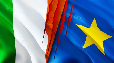 İrlanda ve DR Kongo bayrakları ve yara izi konsepti. 3D bayrak sallama. İrlanda ve DR Kongo çatışma konsepti. İrlanda DR Kongo ilişkileri kavramı. İrlanda bayrağı ve DR Kongo krizi, savaş, attac