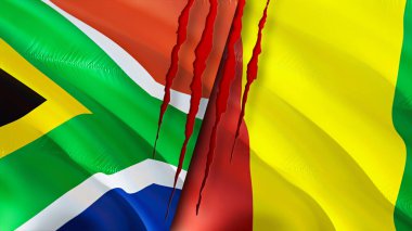 Güney Afrika ve Gine bayraklarında yara izi var. Dalgalanan bayrak, 3 boyutlu görüntüleme. Güney Afrika ve Gine çatışma konsepti. Güney Afrika Gine ilişkileri kavramı. Güney Afrika ve Guine bayrağı