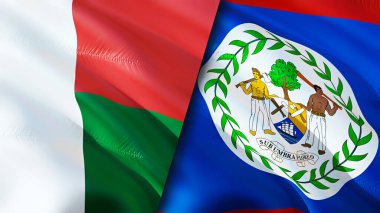 Madagaskar ve Belize bayrakları. 3 boyutlu dalgalanan bayrak tasarımı. Madagaskar Belize bayrağı, resim, duvar kağıdı. Madagaskar, Belize 'e karşı, görüntü 3 boyutlu. Madagaskar Belize ilişkileri ittifak ve ticaret, seyahat, turnuva