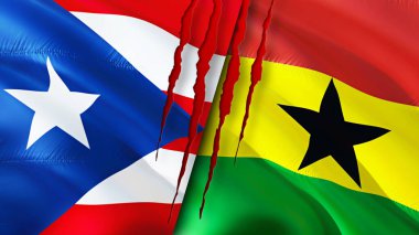 Porto Riko ve Gana bayraklarında yara izi var. Dalgalanan bayrak, 3 boyutlu görüntüleme. Porto Riko ve Gana çatışma konsepti. Porto Riko Gana ilişkileri kavramı. Porto Riko ve Gana krizi bayrağı, savaş, attac