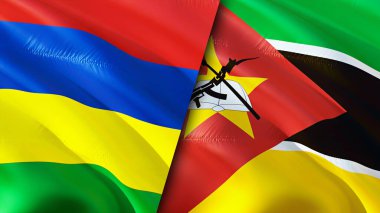 Mauritius ve Mozambik bayrakları. 3 boyutlu dalgalanan bayrak tasarımı. Mauritius Mozambik bayrağı, resim, duvar kağıdı. Mauritius, Mozambik 'e karşı, görüntü 3 boyutlu. Mauritius Mozambik ilişkiler ittifakı