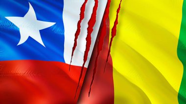 Yara izi olan Şili ve Gine bayrakları. Dalgalanan bayrak, 3 boyutlu görüntüleme. Şili ve Gine çatışması konsepti. Şili Gine ilişkileri kavramı. Şili ve Gine bayrağı krizi, savaş, saldırı konsepti