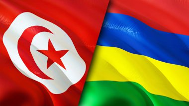 Tunus ve Mauritius bayrakları. 3 boyutlu dalgalanan bayrak tasarımı. Tunus Mauritius bayrağı, resim, duvar kağıdı. Tunus, Mauritius 'a karşı, görüntü 3 boyutlu. Tunus Mauritius ilişkileri ittifak ve ticaret, seyahat, turnuva