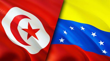 Tunus ve Venezuela bayrakları. 3 boyutlu dalgalanan bayrak tasarımı. Tunus Venezuela bayrağı, resim, duvar kağıdı. Tunus, Venezuela 'ya karşı, görüntü 3 boyutlu. Tunus Venezuela ilişkileri ittifak ve ticaret, seyahat, turnuva