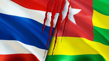 Yara izi olan Tayland ve Togo bayrakları. Dalgalanan bayrak, 3 boyutlu görüntüleme. Tayland ve Togo çatışma konsepti. Tayland ve Togo ilişkileri kavramı. Tayland bayrağı ve Togo krizi, savaş, saldırı konsepti