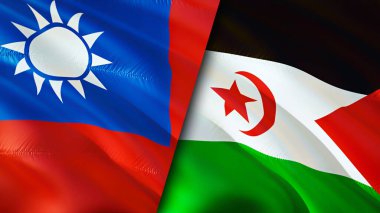 Tayvan ve Batı Sahra bayrakları. 3 boyutlu dalgalanan bayrak tasarımı. Tayvan Batı Sahra bayrağı, resim, duvar kağıdı. Tayvan, Batı Sahra 'ya karşı, görüntü 3 boyutlu. Tayvan Batı Sahra İlişkileri