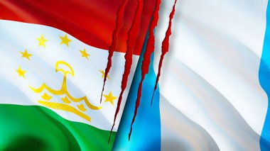 Tacikistan ve Guatemala bayraklarında yara izi var. Dalgalanan bayrak, 3 boyutlu görüntüleme. Tacikistan ve Guatemala çatışma konsepti. Tacikistan Guatemala ilişkileri kavramı. Tacikistan ve Guatemal bayrağı