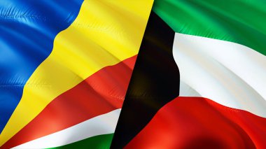 Seyşeller ve Kuveyt bayrakları. 3 boyutlu dalgalanan bayrak tasarımı. Seyşeller Kuveyt bayrağı, resim, duvar kağıdı. Seyşeller Kuveyt 'e karşı, görüntü 3 boyutlu. Seyşeller Kuveyt ilişkileri ittifak ve ticaret, seyahat, turnuva