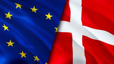 Avrupa Birliği ve Danimarka bayrakları. 3 boyutlu dalgalanan bayrak tasarımı. Avrupa Birliği Danimarka bayrağı, resim, duvar kağıdı. Avrupa Birliği, Danimarka imajına karşı, 3D görüntüleme. Avrupa Birliği Danimarka ilişkileri bir ittifak