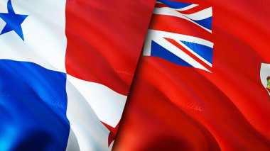 Panama ve Bermuda bayrakları. 3 boyutlu dalgalanan bayrak tasarımı. Panama Bermuda bayrağı, resim, duvar kağıdı. Panama, Bermuda 'ya karşı, görüntü 3 boyutlu. Panama Bermuda ilişkileri ittifak ve ticaret, seyahat, turizm konsepti