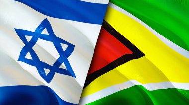 İsrail ve Guyana bayrakları. 3 boyutlu dalgalanan bayrak tasarımı. İsrail Guyana bayrağı, resim, duvar kağıdı. İsrail, Guyana 'ya karşı, görüntü 3 boyutlu. İsrail Guyana ilişkileri ittifak ve ticaret, seyahat, turizm konsepti