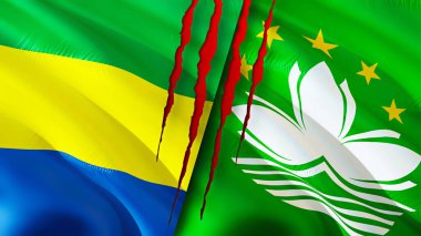 Gabon ve Macau bayrakları ve yara izi konsepti. Dalgalanan bayrak, 3 boyutlu görüntüleme. Gabon ve Macau çatışma konsepti. Gabon Macau ilişkileri kavramı. Gabon ve Macau bayrağı krizi, savaş, saldırı konsepti